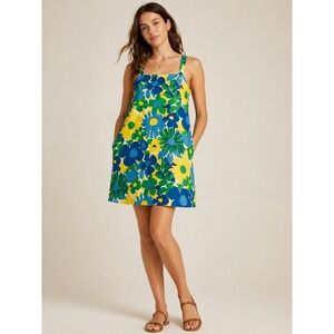 J Crew 2 Floral Linen Blend Shift Dress Blue Yellow Green Square Neck Mini G5674